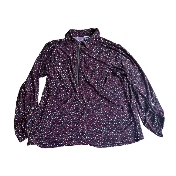 Anne Klein Long Sleeve Knit Blouse Women Zip Front XL Red Wine Leopard Print - Picture 1 of 8